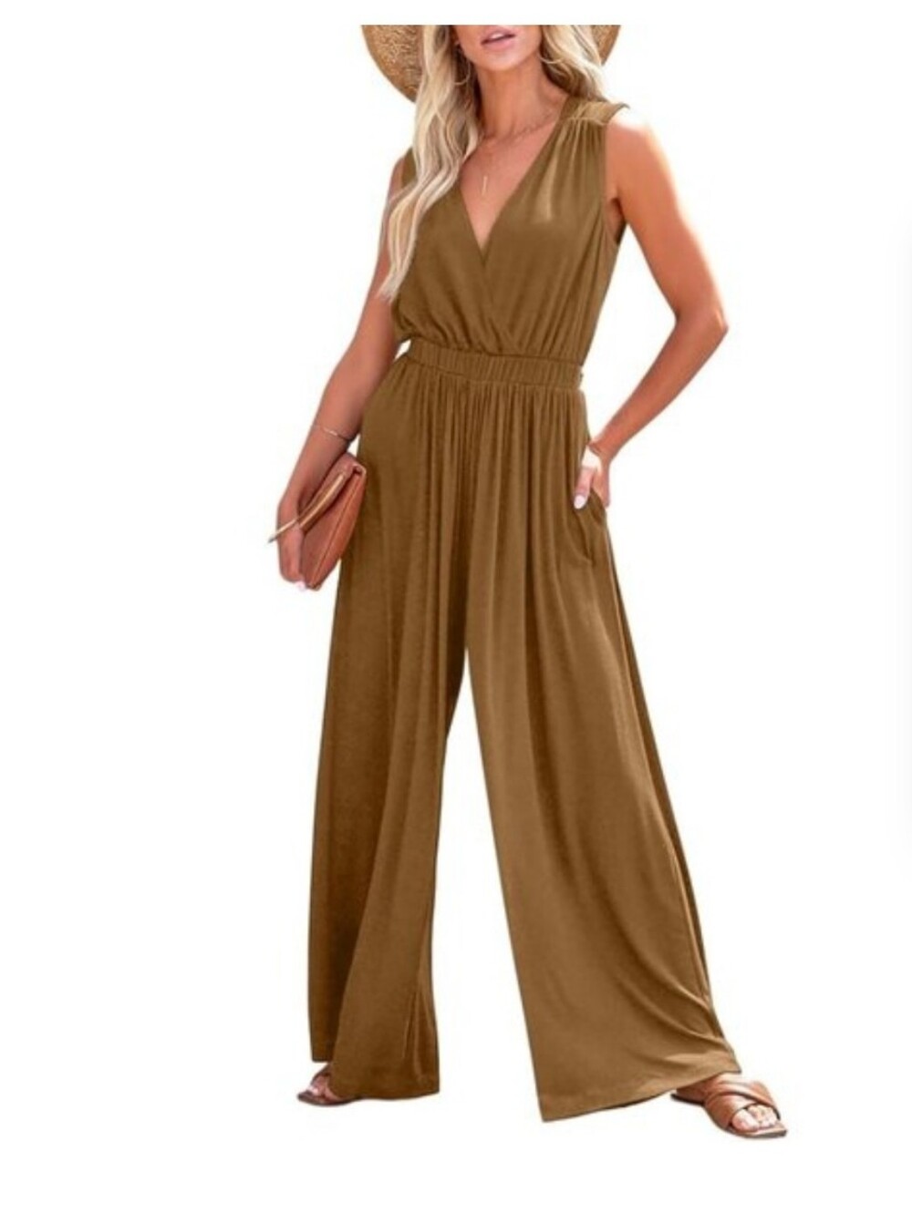 Sleeveless V-Neck Wide-Leg Jumpsuit in Camel Brown